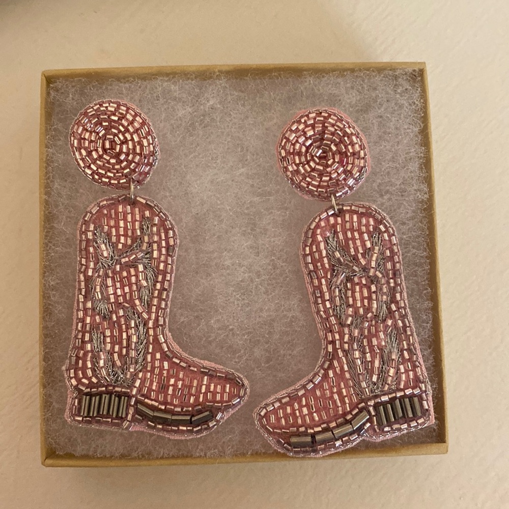 Beaded pink cowboy boot earrings